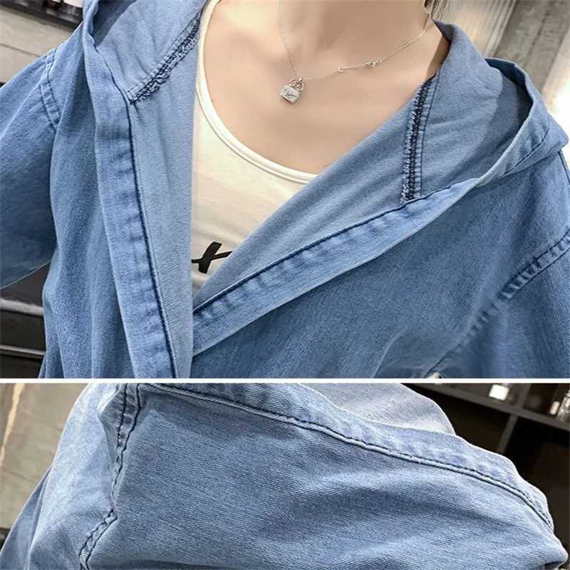 Blue Long Denim Hooded Windbreaker Jacket Long Sleeve Loose Coat Female Lace Up Drawstring Lady Outwear Plus Size Spring AutumnX240921