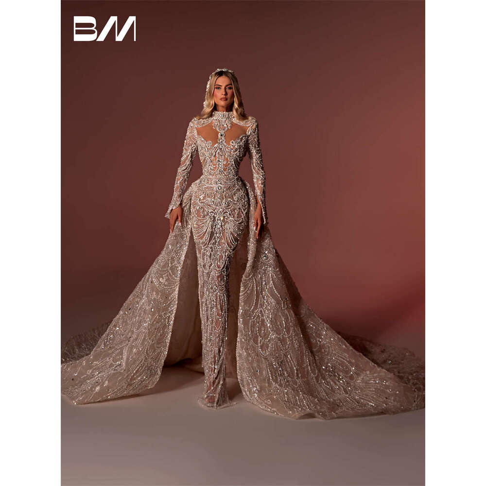 Sexy Illusion Long Sleeve Wedding Dresses High Neck Jeweled With Detachable Train Champagne Bride Dress Robe De Mariee Bridal