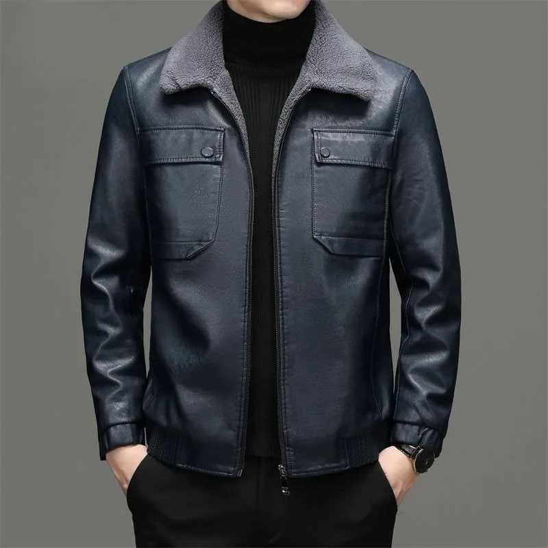 Winter new mens wool lined sheepskin jacket high-end ultra-thin suitable for large mens leather jackets casual solid color lapel jackets W240918