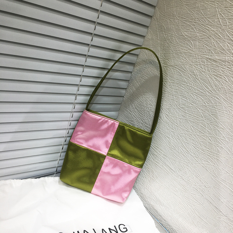 Women's 2024 new niche satin color patchwork women's checkerboard underarm handbag mini square bag