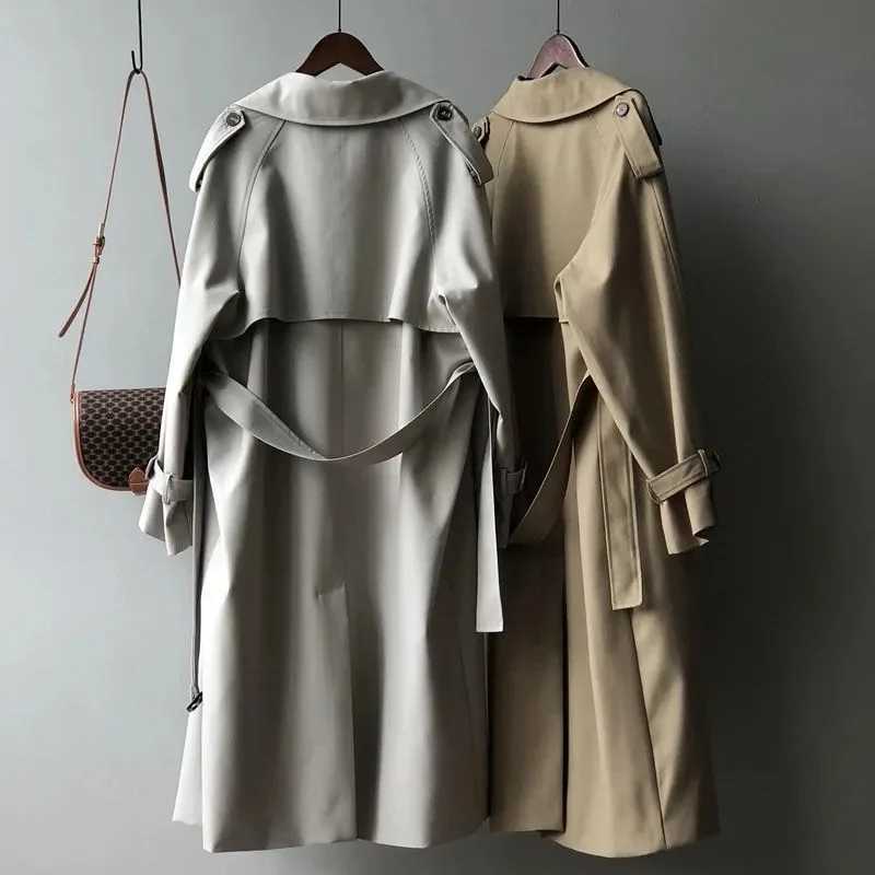 Classic Grey Long Belt Trench Coats Women Korean Double Breasted Gabardina Jackets Streetwear Windbreaker Abrigos Spring CasacosX240921