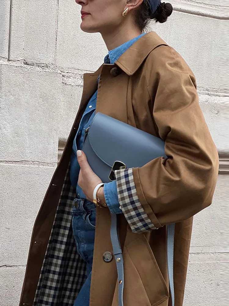 Woman Casual Long Trench Coats Khaki Plaid Lined Lapel Single Breasted Jacket With Pocket 2024 Autumn Chic Lady Commute OutwearX240921