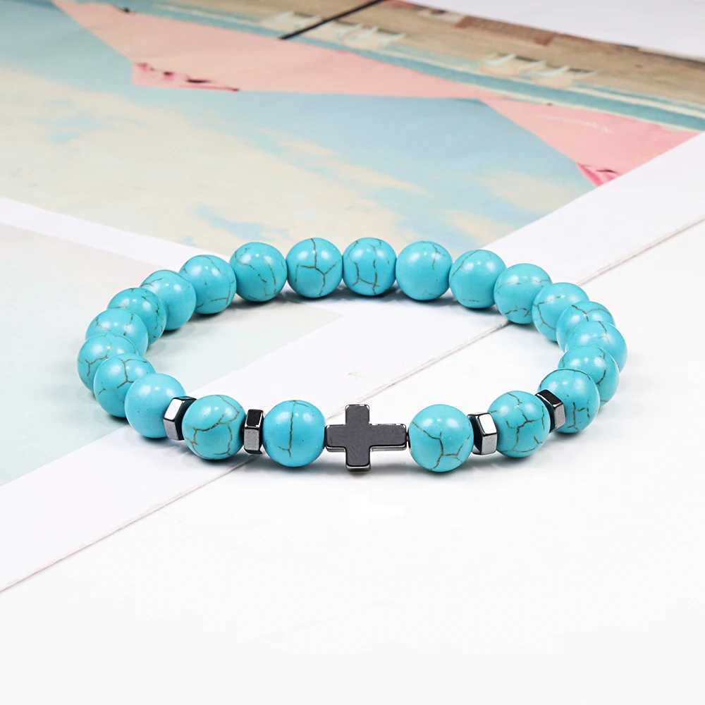 Dropshipping Hot Men Natural Lava Stone Bead Bracelets Hematite Cross Rosary Meditation Prayer Jesus Bracelet Women Yoga JewelryX240921