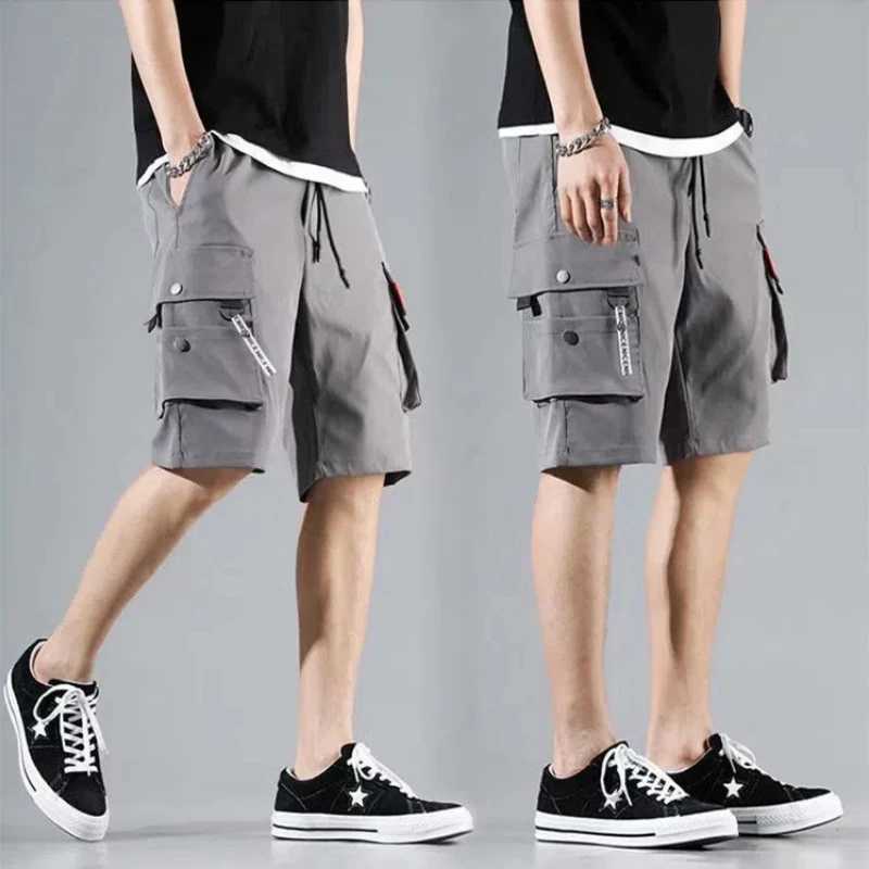 2024 Summer Mens Clothing Drawstring Solid Color Large Pockets Shorts Solar System Cargo Knee Pants Korean Version Cargo ShortsX240921