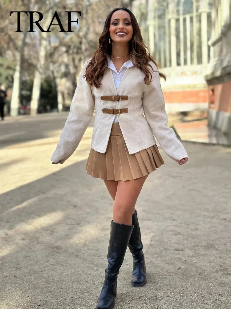 TRAF Woman Vintage White Leather Buckle Woolen Jacket Female 2024 Elegant Long Sleeve Single Breasted Coat Lady Spring Sweater 240919