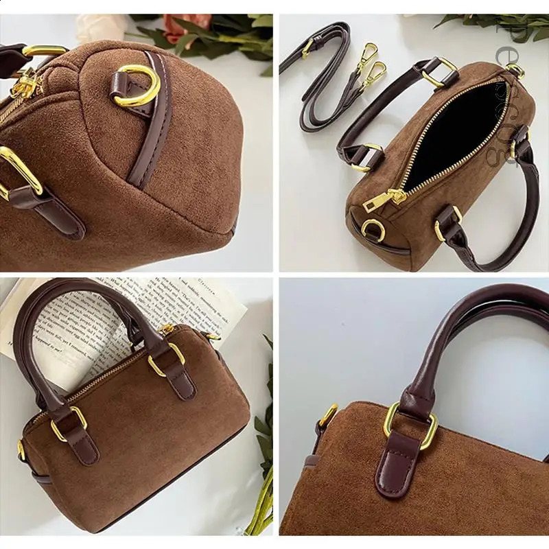 Vintage Womens Handbag Suede Leather Zipper Box Shape Top-handle Crossbody Clutch Purse Female Fashion Shoulder Bags 240918