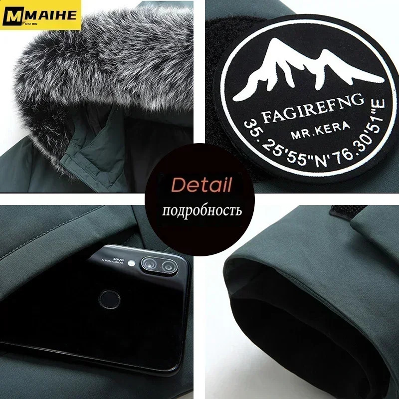 Winter Long Down Jacket For Mens Casual Fur Collar Hooded White Duck Down Warm Coat For Mens Clothing Winter Jacket 240911