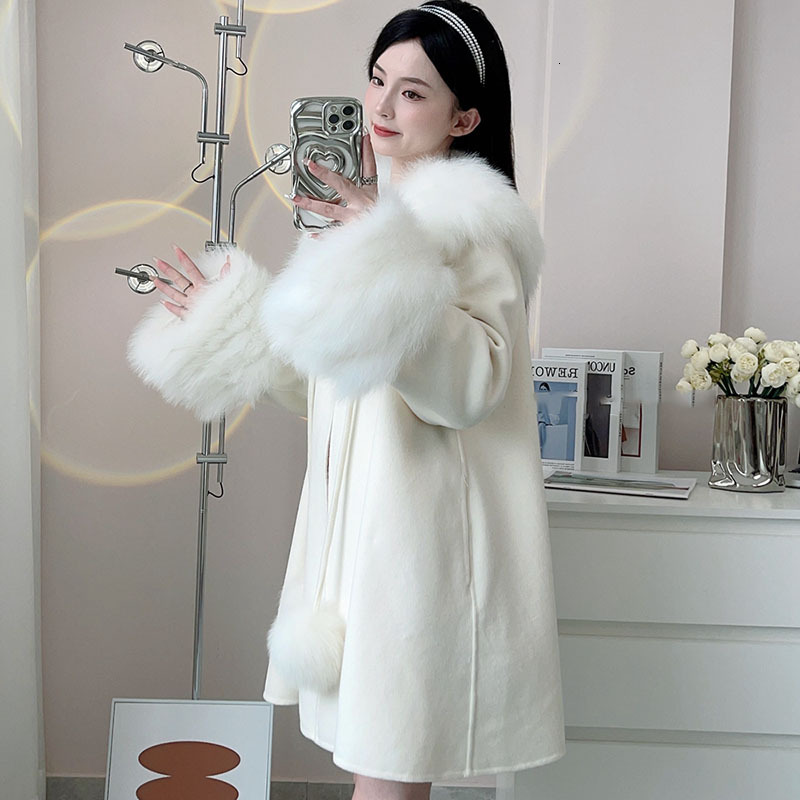 2024 New Loose Blended Coat With Real Collar Long Sleeve Fashion Genuine Fox Fur Jacket Female Outwear Wool Jackets