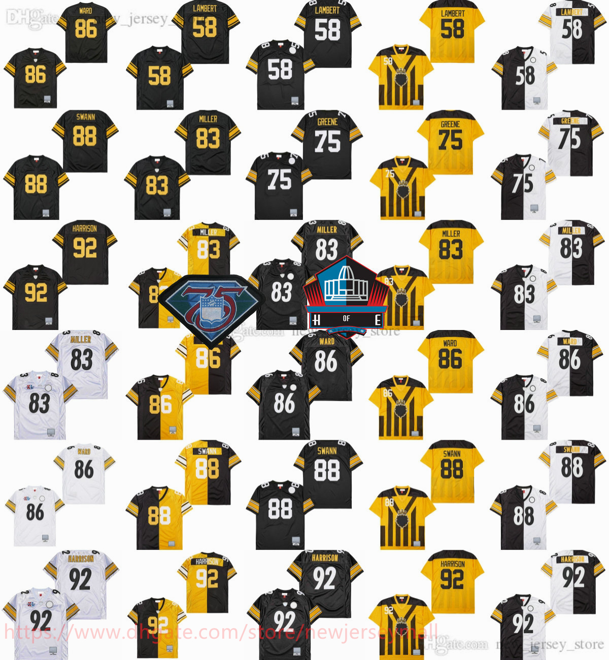 College 1976 Throwback Football 88 Lynn Swann Jersey Vintage Stitch 92 James Harrison 86 Hines Ward 83 Heath Miller 75 Joe Greene Jack Lambert Jersey Retro Breathable