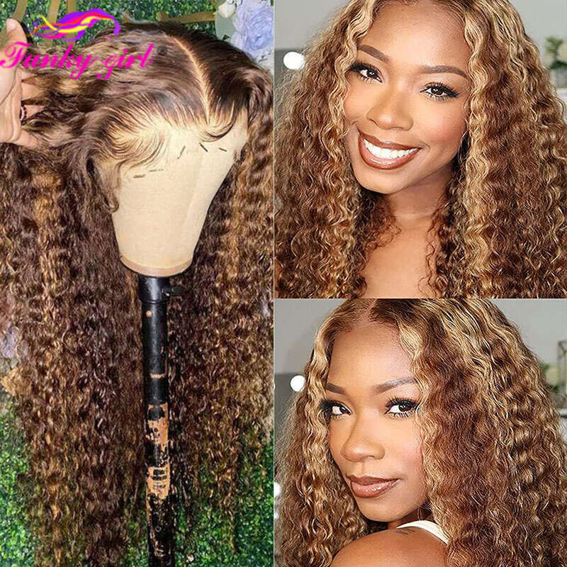 Water Wave Highlight Front Human Hair Wig Highlighted Curly Frontal Wigs For Women Brazilian Lace Closure Pre Plucked