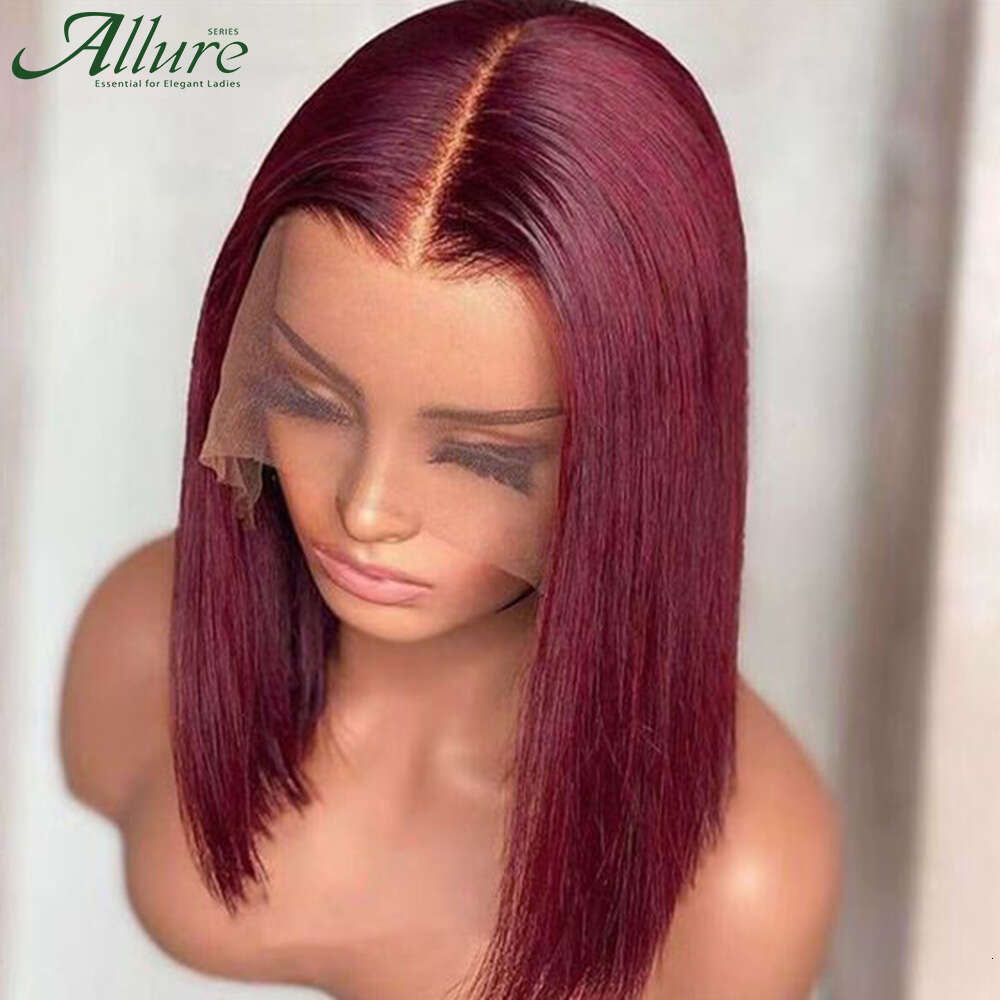 99J Short Bury Human Hair Colored Straight Bob Front Wig For Women Dark Red Glueless T Part Lace Wigs Allure