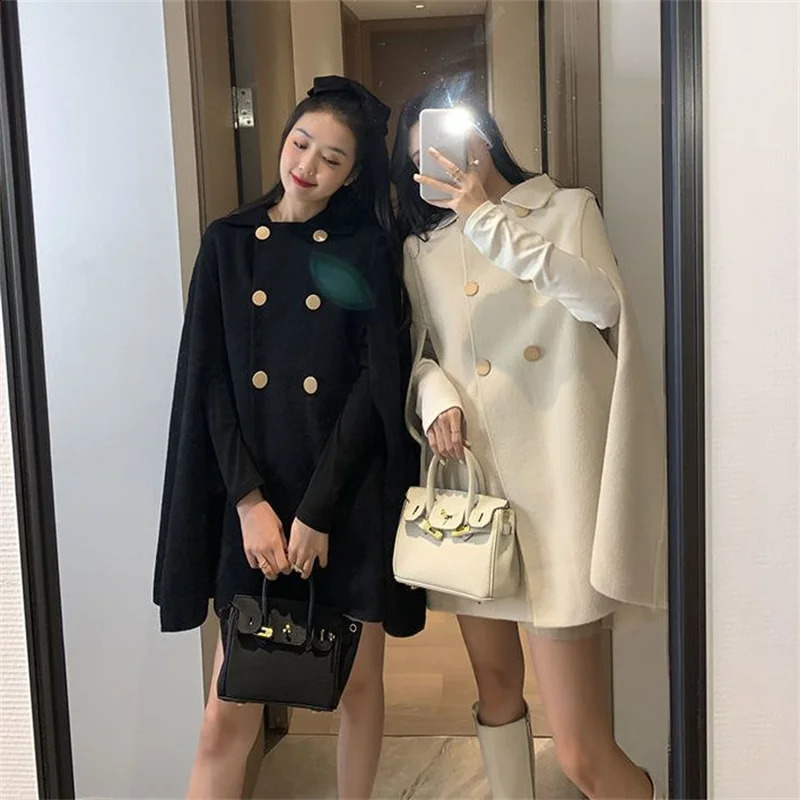 Fashion Woolen Poncho Coats for Women Autumn Winter Solid Cape Cloak Coat Loose Overcoat Female Double Breasted Lapel Jackets 240921 64