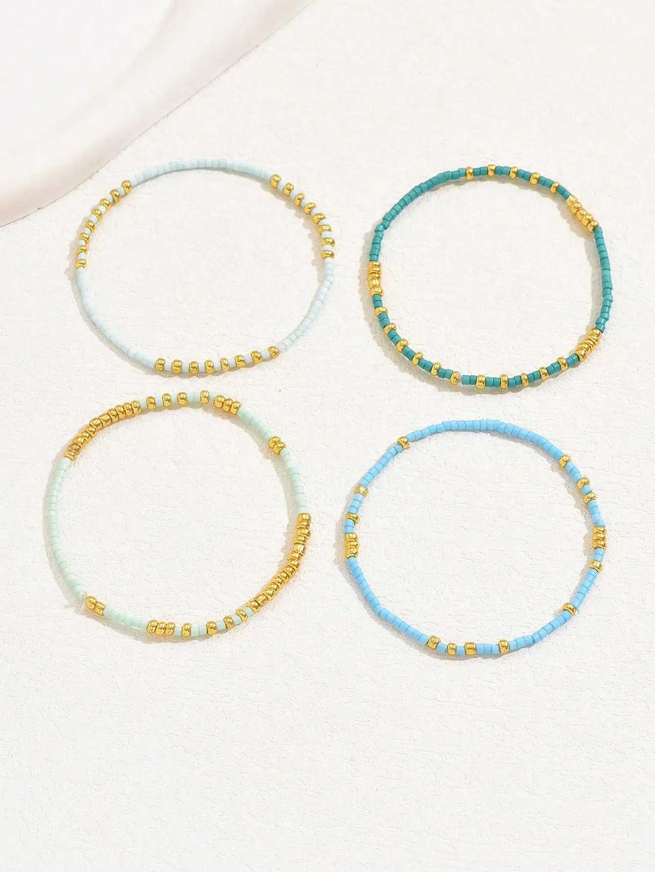 4 PCS Beads Stretch Bracelet Set Bohemia Gold Color Glassbeads Elastic Handmade Girls Vacation JewelryX240921