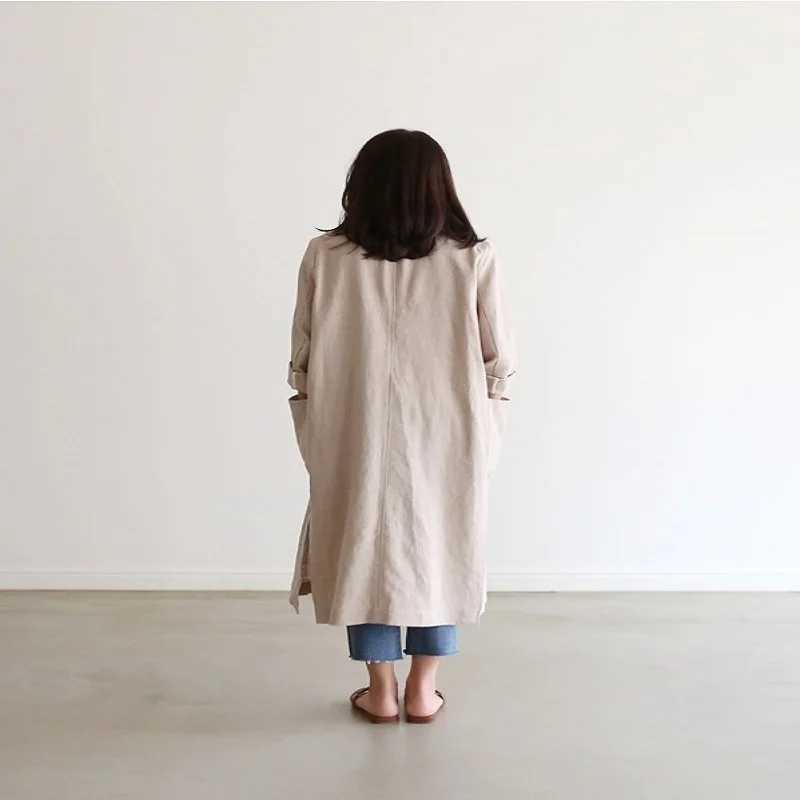 2023 New Retro Linen Trench Coat Women Jackets Autumn Spring Overcoat Outwear Ladies chic Long Coat Vintage Flax Trench WomenX240921