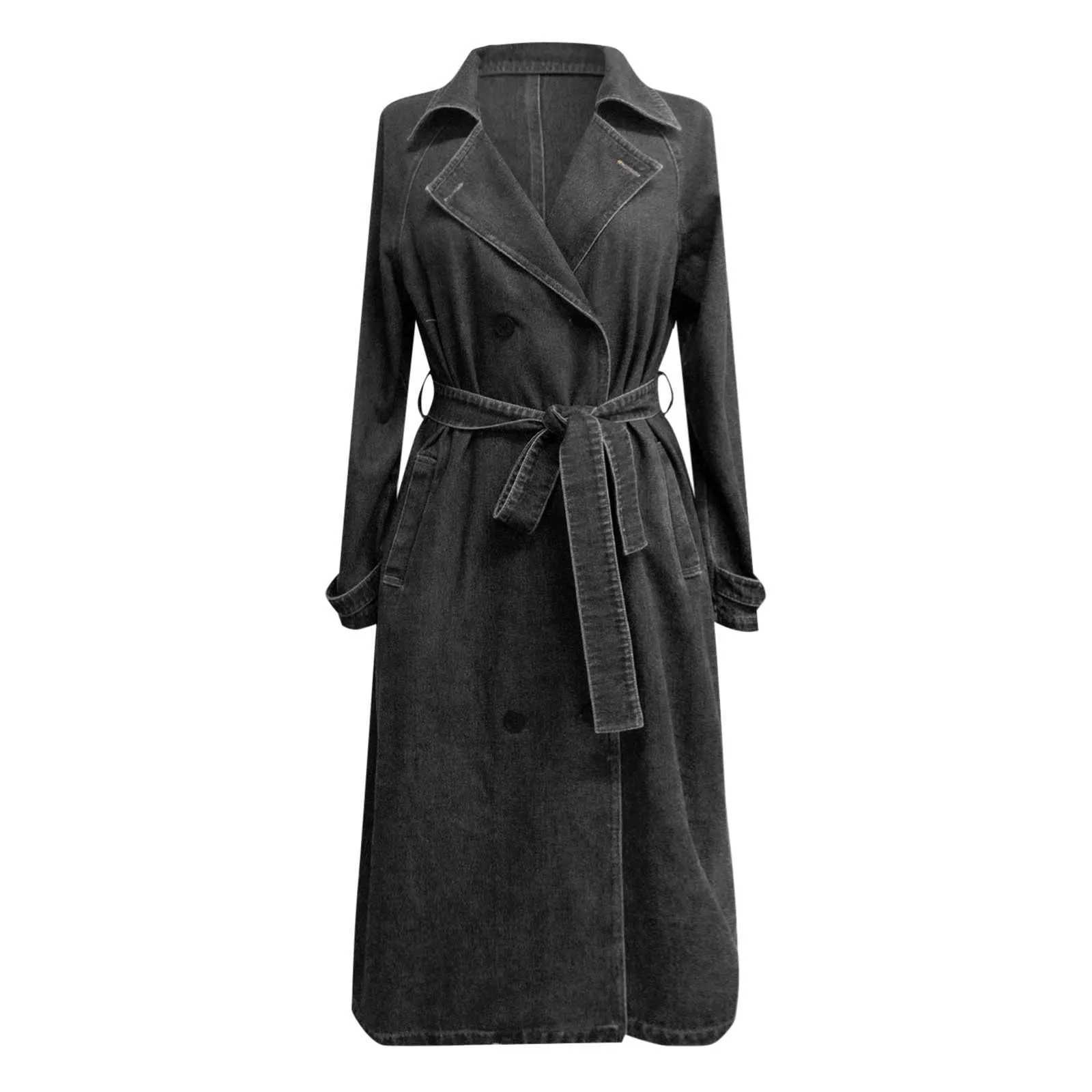 Womens Long Denim Trench Coat With Belt Vintage Loose Fit Jean Jacket Double Breasted High Quality Denim Jacket Female CoatX240921
