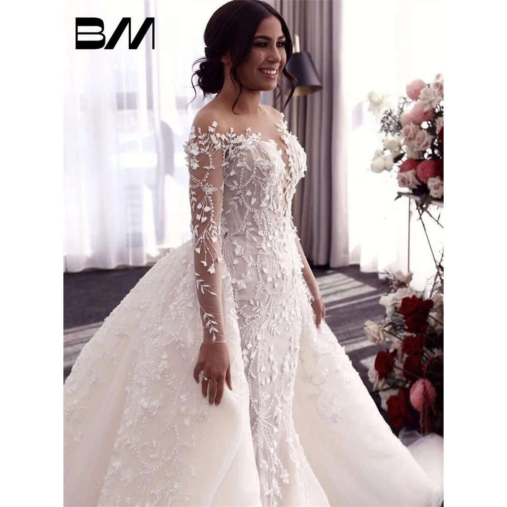 Arabic Long Sleeve Wedding Dresses With Detachable Train Lace Appliques Romantic Bride Dress Vestidos Novia Robe De Mariee