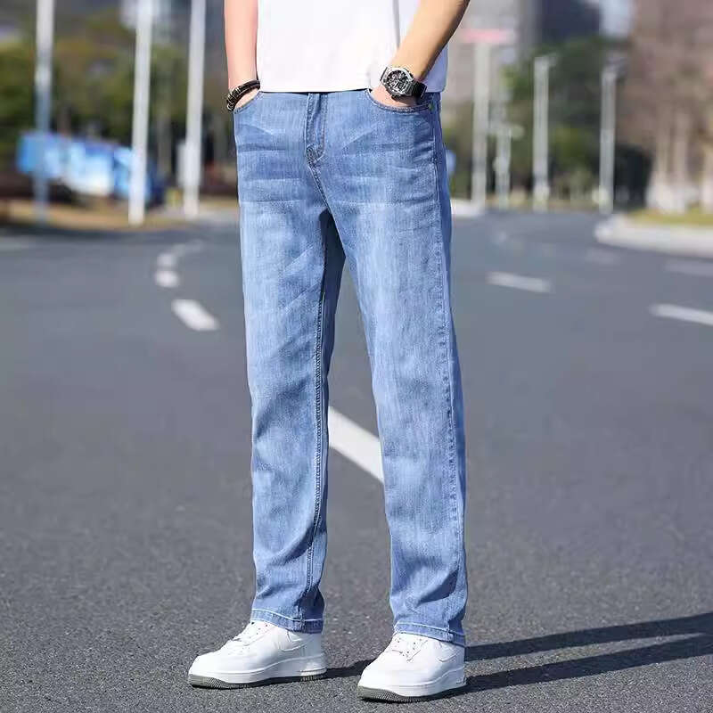 2024 Summer Jeans Men's Thin Loose Straight Pants Elastic Business Casual Versatile Long Pants Spring and Autumn Edition