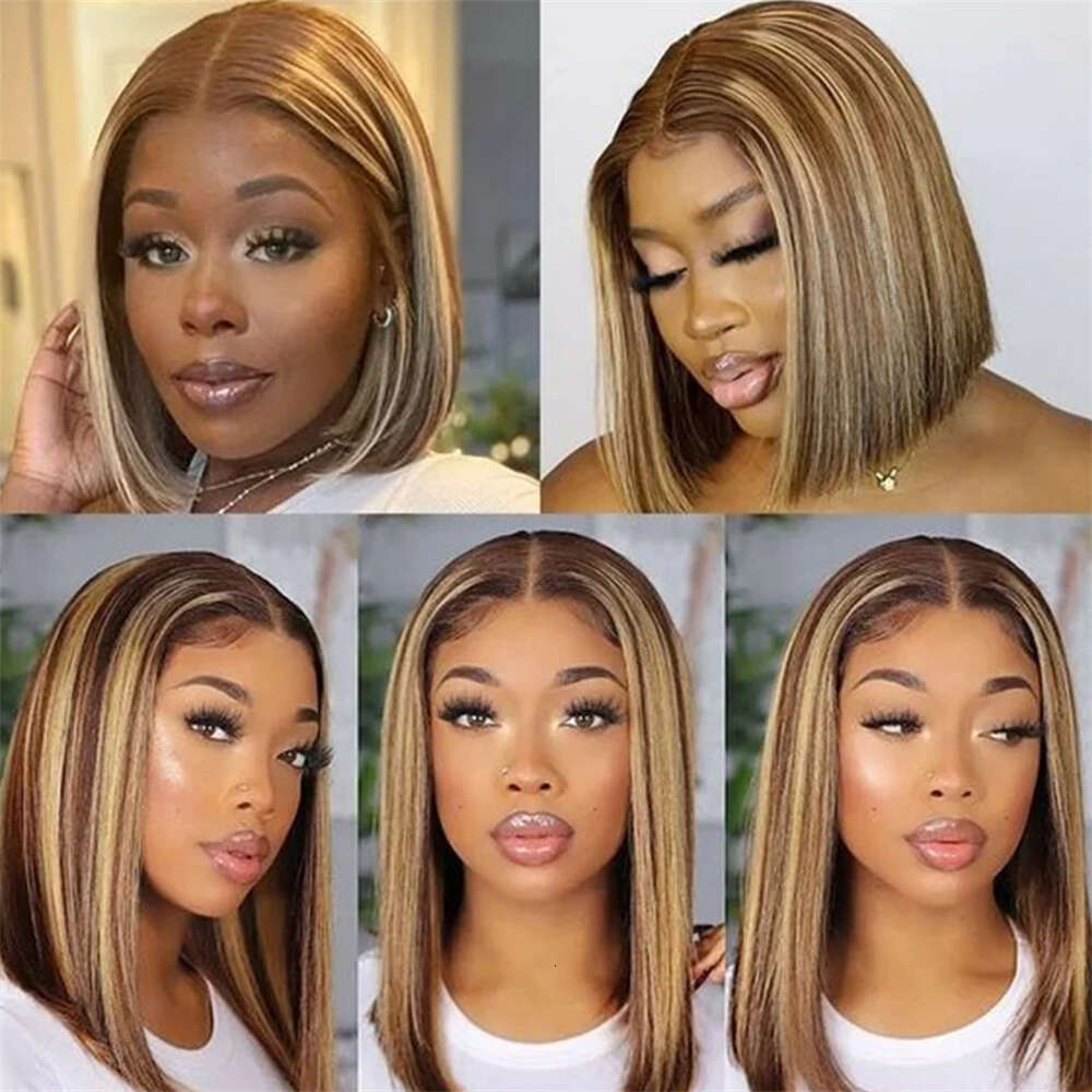 Straight Short 100% Highlight 13x4 Frontal Human Hair Wigs Bob Honey Blonde Ombre Brown Lace Front Wig