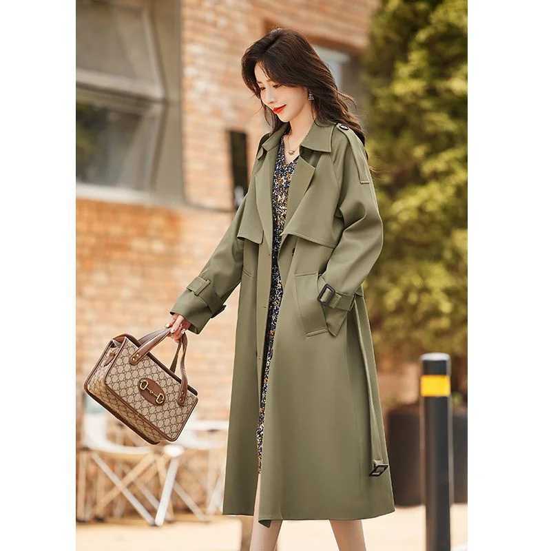 Lace-Up Windbreaker Female All Match Jacket 2024 Autumn Spring Jacket Women Zipper Coat Solid Color Tops Lining Long TrenchX240921