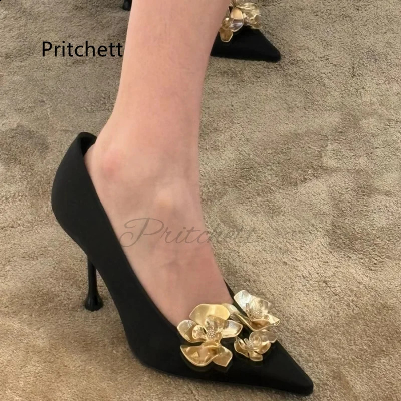 Black satin high-heeled womens pump gold orchid horn toe flower shallow single shoe sexy slim high-heeled spring office shoes 240919
