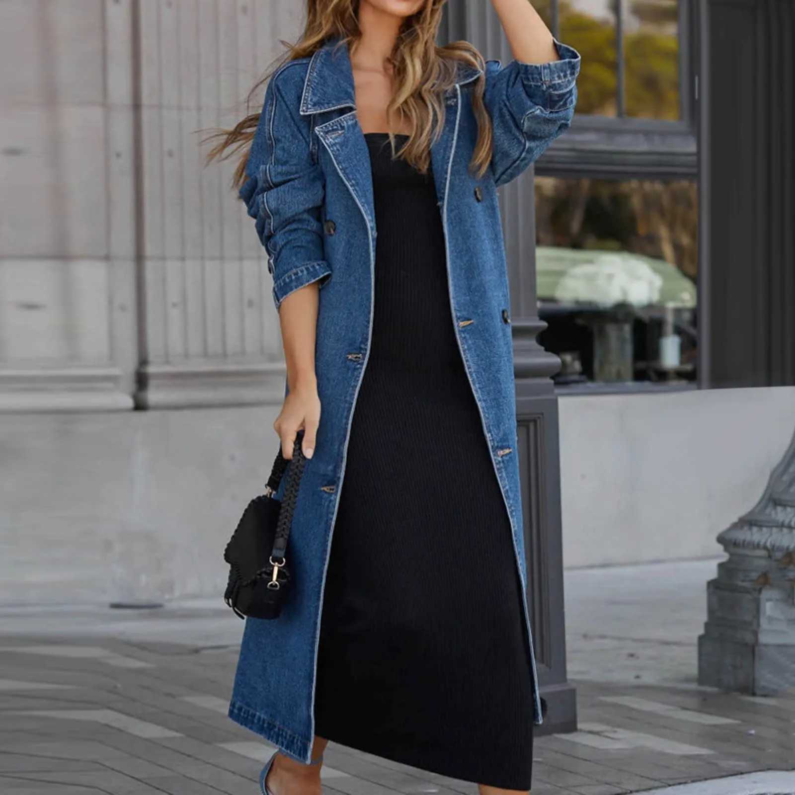 Womens Long Denim Trench Coat With Belt Vintage Loose Fit Jean Jacket Double Breasted High Quality Denim Jacket Female CoatX240921