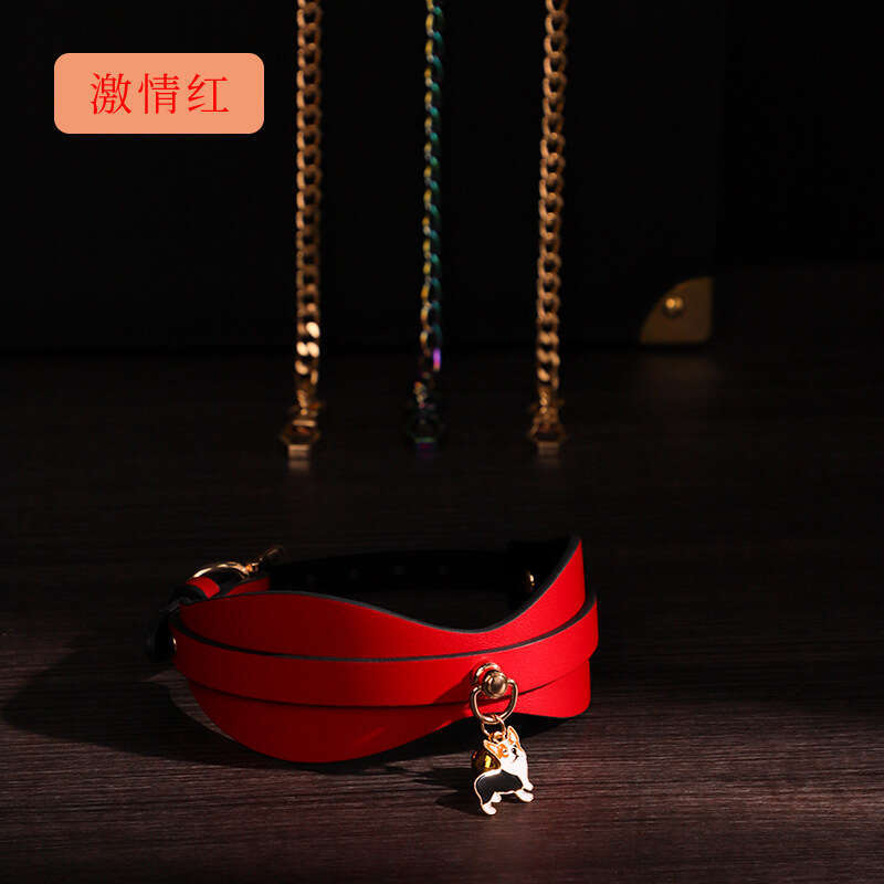 High end SM props, genuine leather sex collar, sexy and bright red sex traction neck cover with pendant, alternative adult products