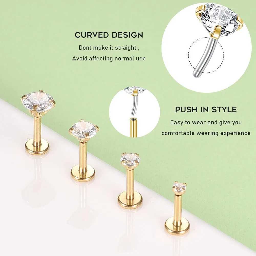 DOLOTTA 1Pc 316L Stainless Steel 16G Tragus Nose Studs Lip Labret Bar CZ Cartilage Earring Push in Flat Back Piercing Jewellery Y240921