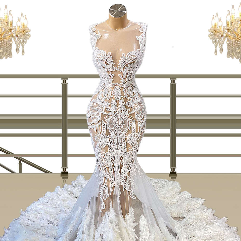 Feather White Mermaid Wedding Dresses Lace Appliques Sheer Neck Bridal Gowns Custom Made Illusion Vestido De Novia