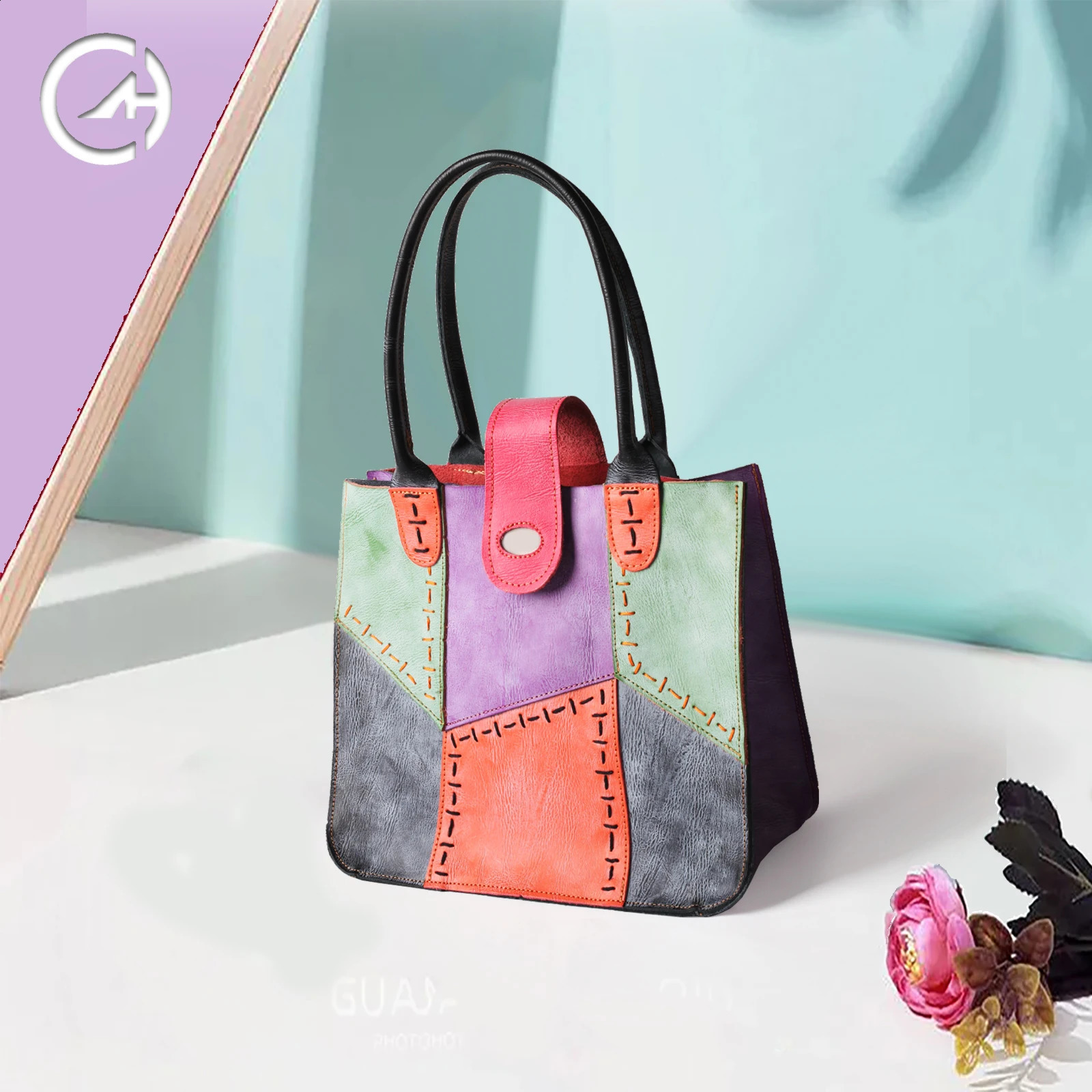 Womens Genuine Leather Bag Hand Stitching Multi Color Splicing 240919