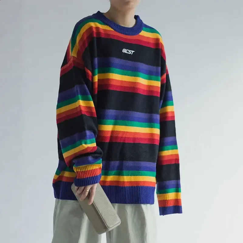 Retro colored blocked round neck knitted top with striped rainbow sweater loose fit suitable for mens autumn and winter fashion 240921