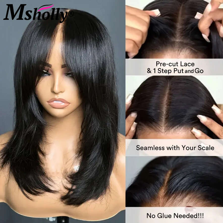 Inspired Layers With Curtain Bangs Wavy 4x4 Glueless 100% Human Hair Wigs Free Part Clear Lace Preplucked Wig For Women