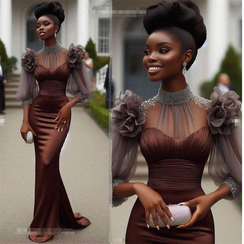 Amazing Brown Mermaid Evening Dress High Neck Beaded Long Sleeve Black Girls Prom Dresses 2025 Florals Nigeria Formal Birthday Holiday Party Gown vest