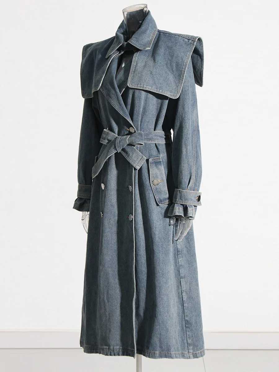 womens vintage lace up lapel long denim trench coat double breasted waisted slim mid length denim jacketX240921