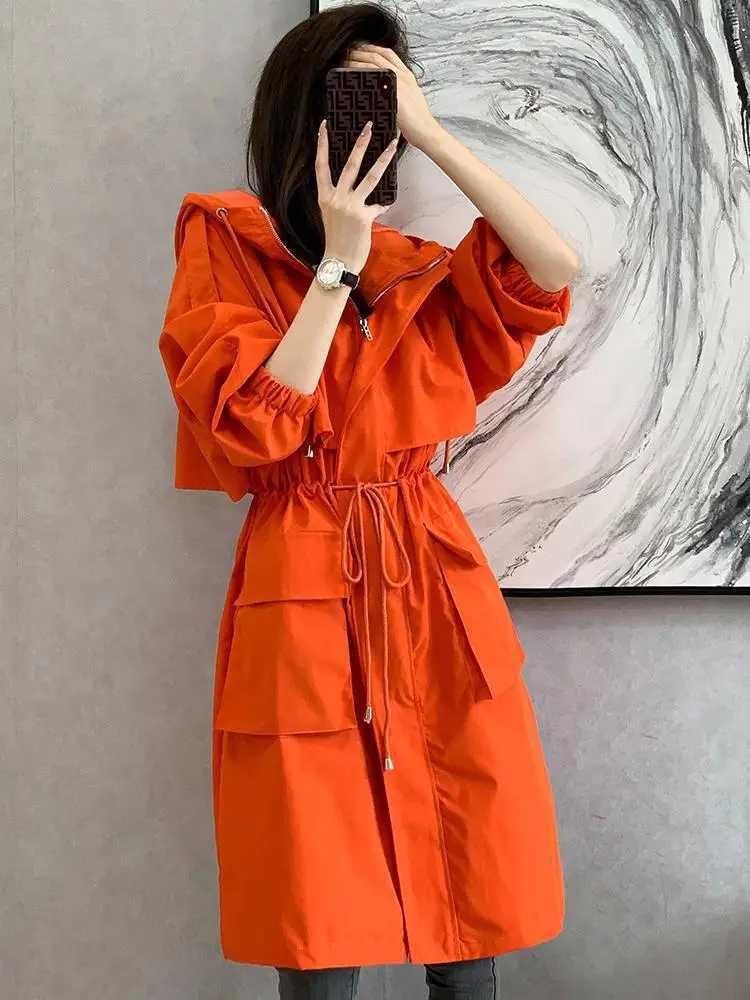 Solid Classic Hooded Long Trench Coat For Women Autumn Oversized Casual Drawstring Bandage Windbreaker Loose Zip Up Jackets ChicX240921