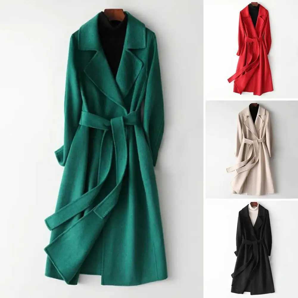 Winter Korean style double chest long black wool coat womens loose lace ribbon green 100% wool coat jacket W240921