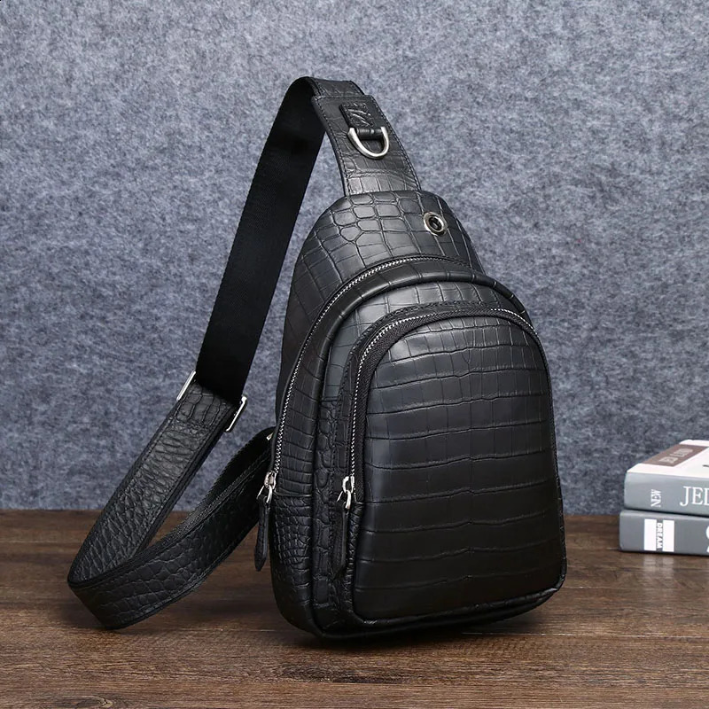 High quality genuine denim leather mens chest bag chiffon outdoor fashion black 240919