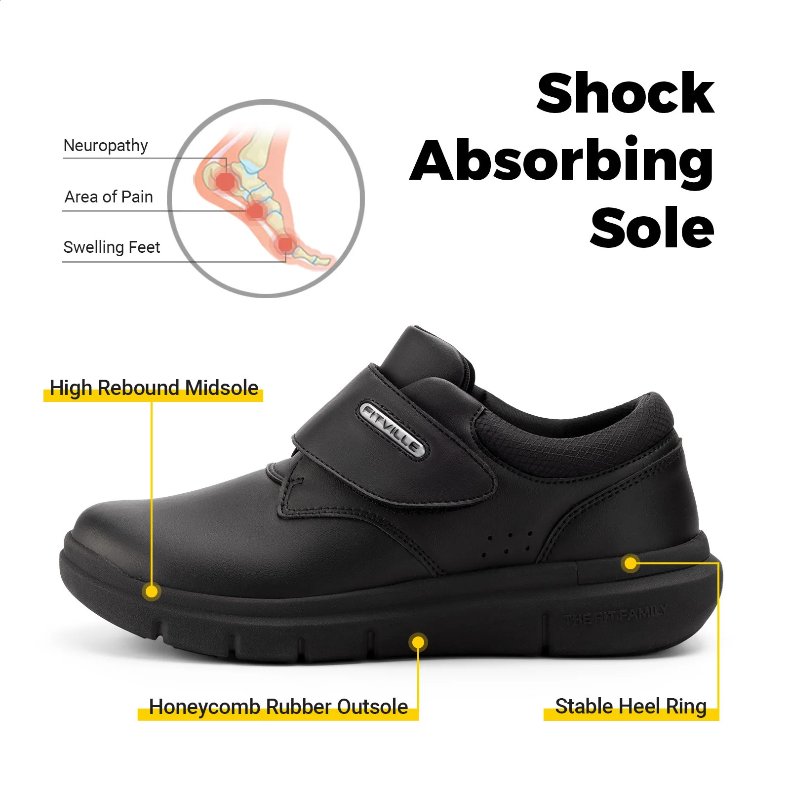 FitVille Extra Wide Mens Shoes Leather Diabetic Shoes Walking for Elder Orthopedic Toes Swollen Feet Non-Slip Arch Support 240909