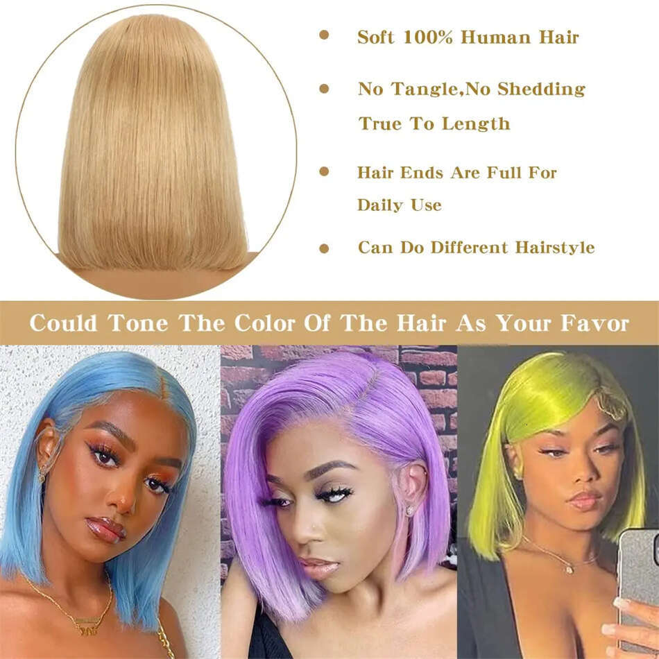 Double Drawn #27 Honey Blonde Colored Short Wigs 200% For Women Human 13x4 Lace Front Bob Wig Brazilian Hair