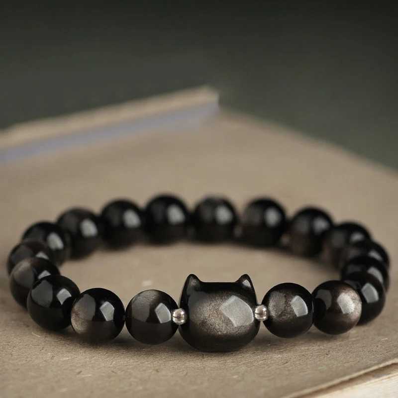 1 Pc Fashion Obsidian Cat Head Geometric Minimalist Natural Stone Black Beaded Bracelet Women Men Party Gift Daily JewelryX240921
