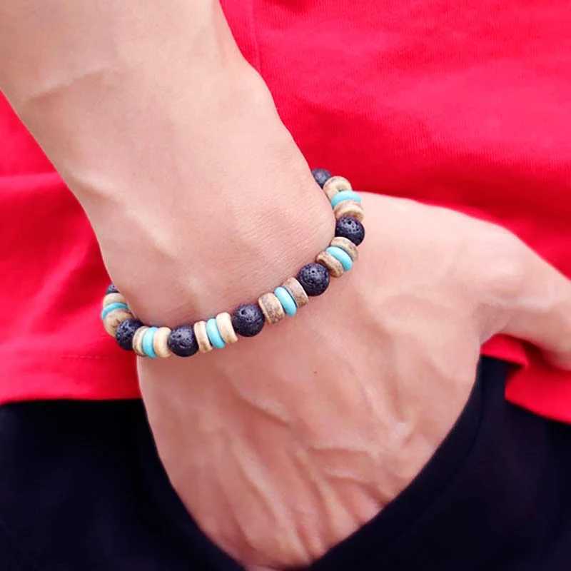 Vintage Wood Beaded Bracelet Mens Natural Lava Obsidian Stone Braslet Yoga Meditation Prayer Jewelry Tiger Eye Braclet HommeX240921
