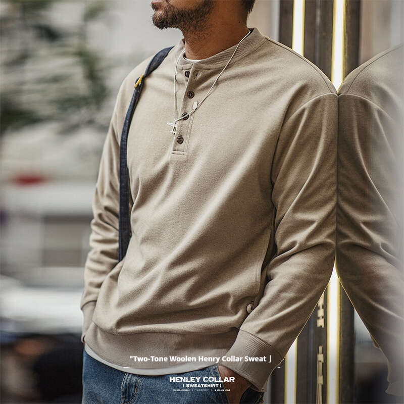 Madden Workwear American Casual Henry Collar Woolen Hoodie Gray Style Cleanfit Long Sleeved Bottom Shirt Men's Spring