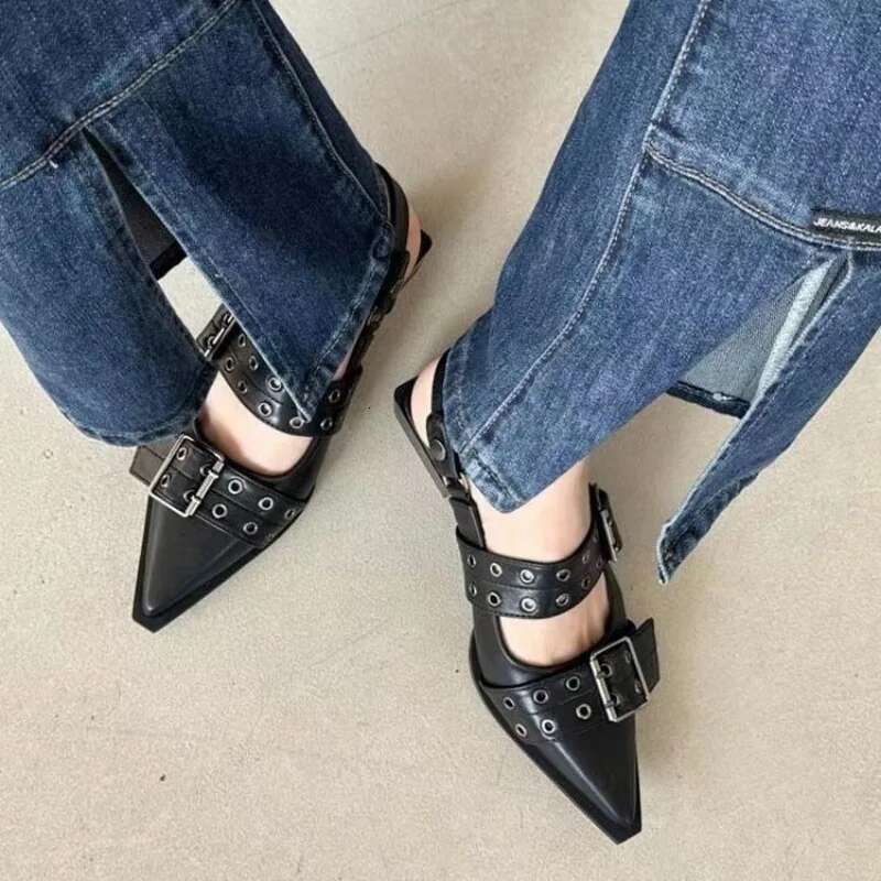 New 2024 Women Chunky Sandals Summer Fashion Mid Heels Pointed Toe Party Brand Casual Shoes Mujer Slippers atos htrghgfd