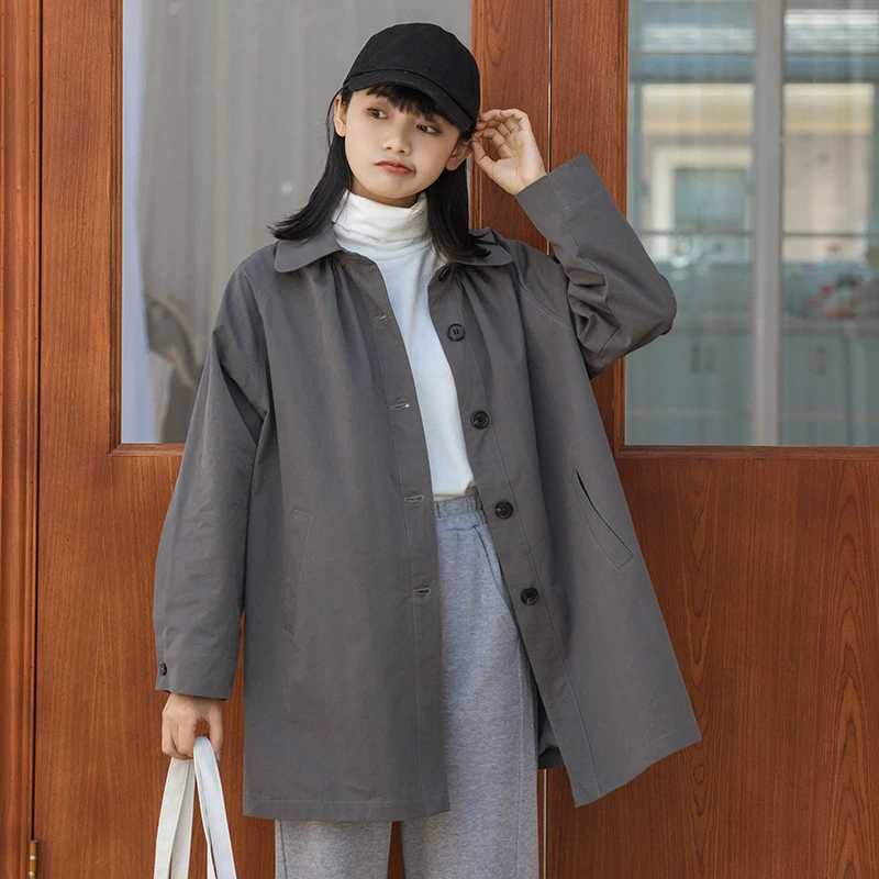 Spring Autumn Retro Simple Mid-length Women Trench Coat Jackets Loose Casual Single Breasted Lapel College Gray Khaki OuterwearX240921