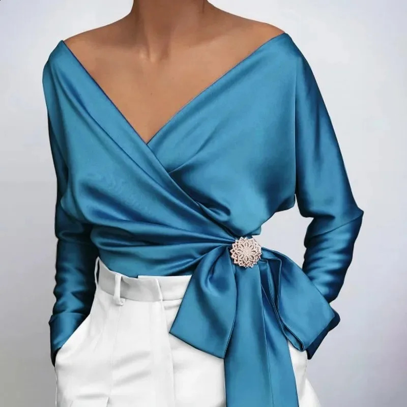 V Neck Sexy Women Satin Blouse 2024 Bow Tie Chiffon Silk Shirt Long Sleeve Women Tops Lace-up Lady Blouses Elegant Blusas 19178 240921