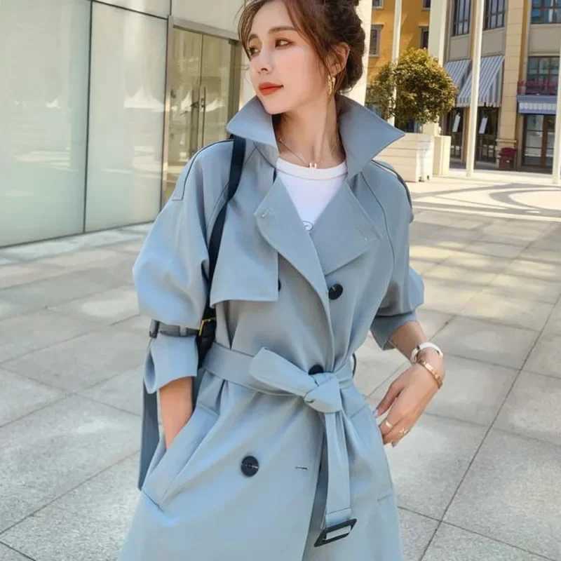 2024 Fashion Women Trench Coat Beige Blue Long Double-Breasted With Belt Spring Autumn Lady Coat Female Korean Loose OuterwearX240921