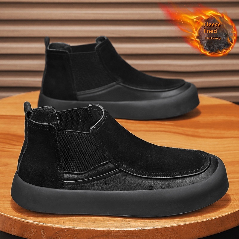 Winter cotton velvet, snow boots for men, mid top warmth, casual thick soled board shoes with added velvet