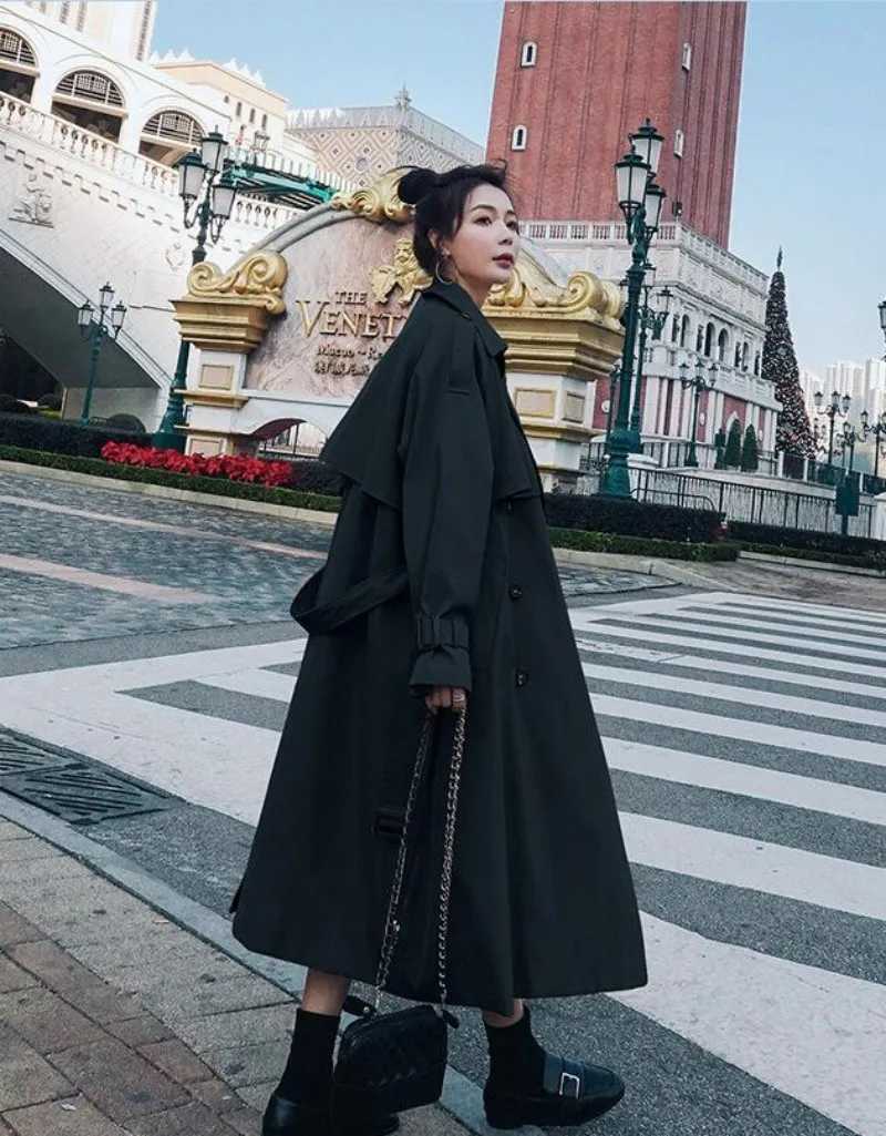 Autumn Trench Coat Double-Breasted Long Khaki Trench Coat for Women Casual Loose Jackets Classic Lapel Overcoat Belt StreetwearX240921