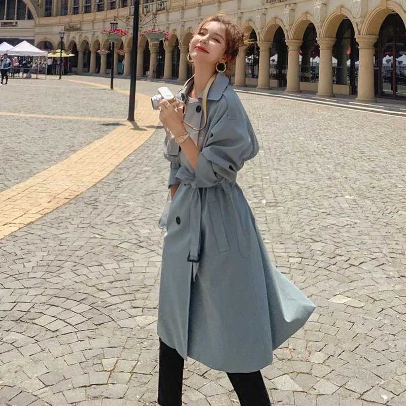 2021 Fashion Women Trench Coat Beige Blue Long Double-Breasted With Belt Spring Autumn Lady Coat Female Korean Loose OuterwearX240921