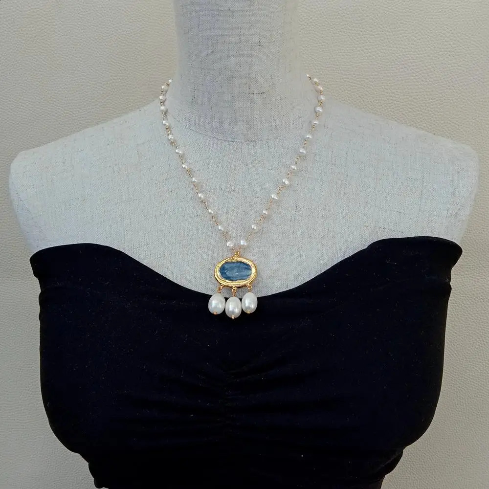 YYGEM Natural Cultured White freshwater Pearl Rosary Chain Necklace Blue Kyanite Rice Pearl Pendant 18 240910