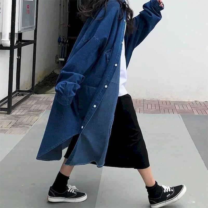 Denim Trench Coats Women Long Sleeve Casual Korean Style Workwear Jackets Vintage Ankle Length Oversized One-piece Women TopsX240921